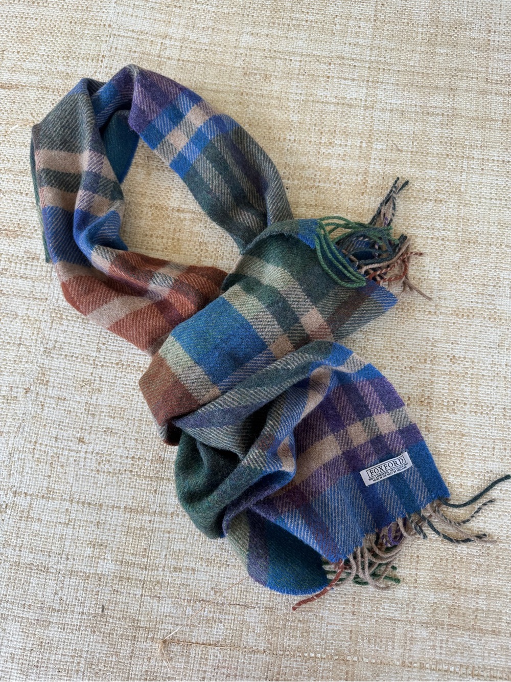 FOXFORD Tartan Lambswool Neck Scarf Blue Green Fringe Classic West Ireland Plaid